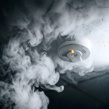 White smoke detector mounted on a textured ceiling activates with a glowing orange light while surrounded by heavy gray plumes