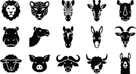 Set of black and white animal face vector flat illustration icons for design projects and creative branding © Papia