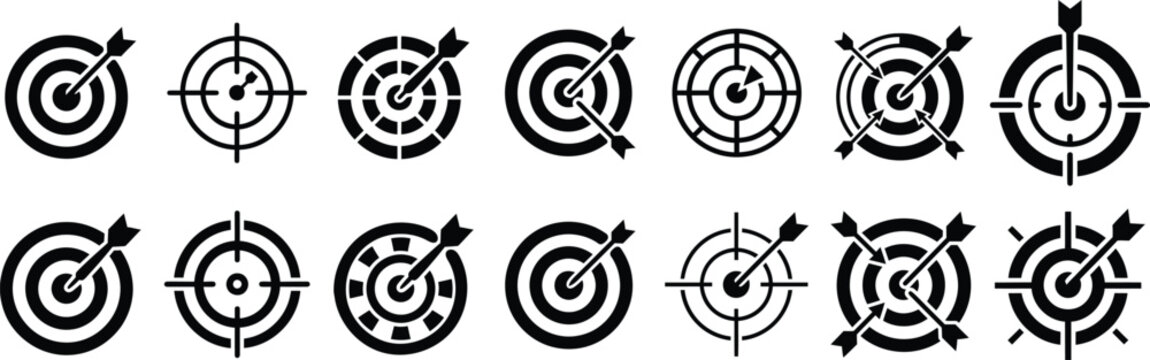 Business strategy and success: target with arrow hitting bullseye icon set, vector graphic isolated on white background.