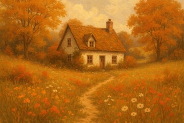 Obraz premium Charming cottage amidst autumn foliage.