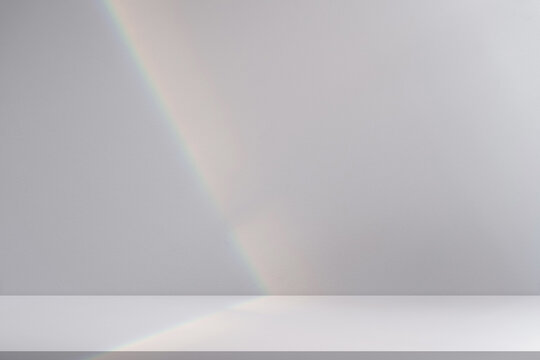 Background With Rainbow Light, Soft Shadow On Gray Wall And White Floor, Minimal Studio Interior For Product Display, Cosmetic Podium, Presentation, Mockup, Advertising, Abstract Design