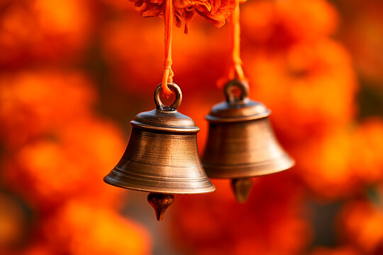 Buddhist ritual bells on orange floral background for traditional Indian holidays