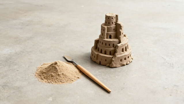 Half-formed clay Tower of Babel model with sand and tool, communication and learning concept