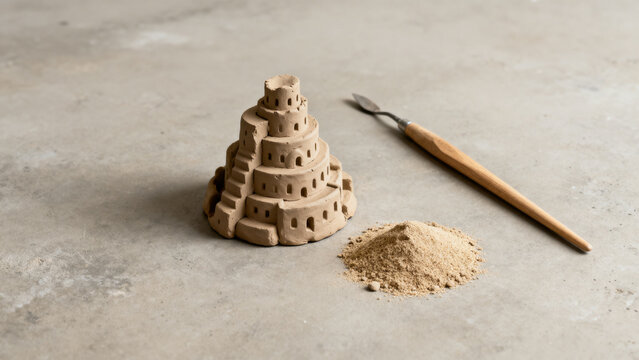 Half-formed clay Tower of Babel model with sand and tool, communication and learning concept