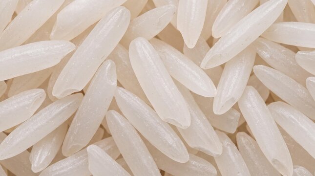 Long Grain Rice Closeup: A macro view showcases the delicate, elongated grains of white rice, highlighting their smooth texture and translucent quality, ready for culinary preparation.
