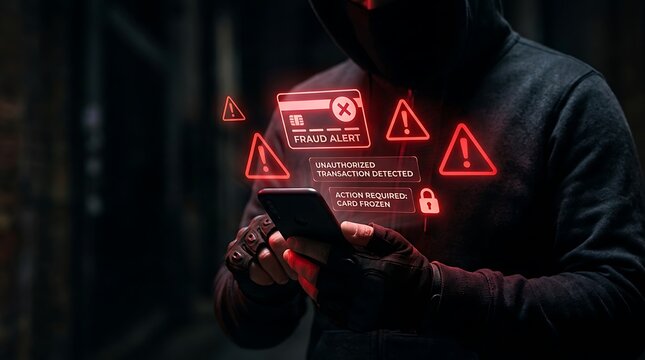 Hacker using a smartphone with cyber security alert holograms and fraud warnings in a dark room