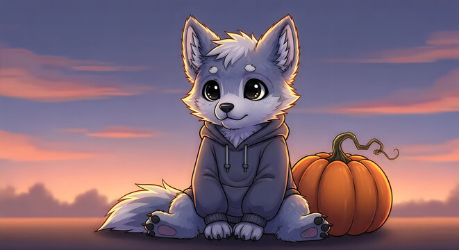Cute cartoon wolf puppy wearing a hoodie sitting with a pumpkin for hallowen