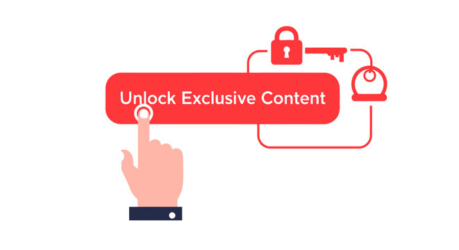 Unlock Exclusive Content Button Illustration with Hand Clicking Red Call to Action for Premium Membership and Digital Access