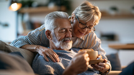 Obraz premium Mature woman supporting her tired partner at home after a mild illness or exhausting day, older man aged around 70 resting comfortably in an armchair while she brings him a warm