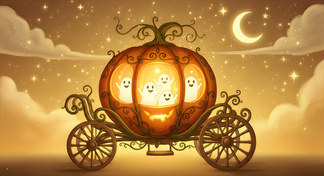 Magical pumpkin carriage illustration for a festive hallowen celebration under the night sky