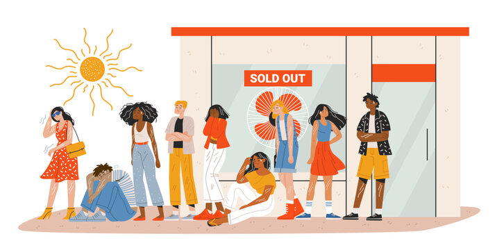 Heatwave Europe and electric fans sold out people suffering under sun outside store empty shelves exhausted crowd summer crisis global warming