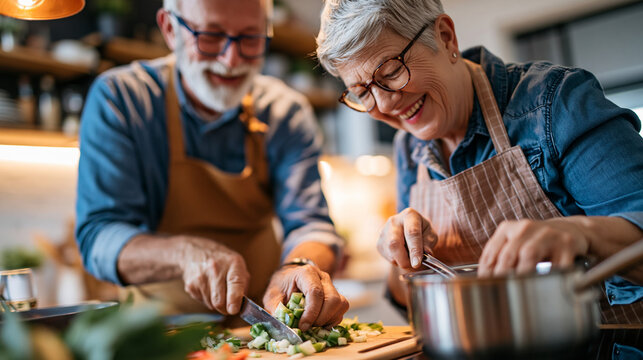 Mature lifelong partners aged around 65&ndash;75 preparing a simple dinner together in their home kitchen, one person chopping vegetables safely while the other stirs a saucepan,