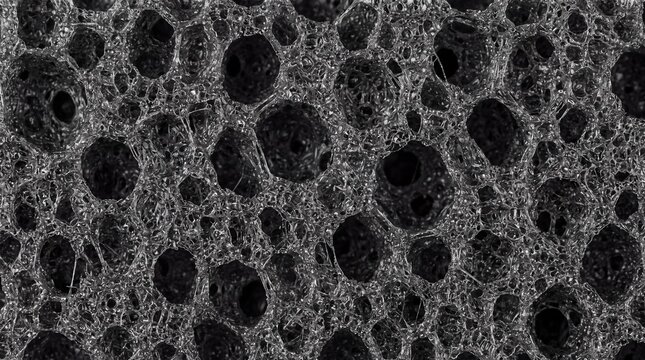 Porous Texture Close-up: An extreme macro shot reveals the intricate, porous structure of a dark, spongy material, showcasing a complex network of interconnected voids and cellular formations.