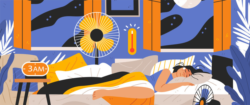 Heatwave Europe tropical night bedroom sweating woman fan high temperature restless sleep open windows midnight moon modern flat design
