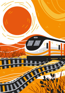 Heatwave Europe railway heat damage global warming concept train tracks bend intense sun dry landscape modern flat design