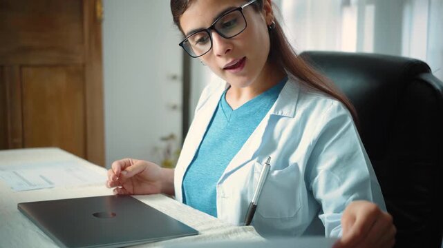 Happy young Hispanic nurse reacting positively after seeing that her patient's medical test results came back normal, representing healthcare, patient care, professional relief, and positive medical o
