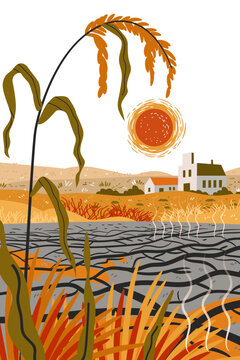 Heatwave Europe drought field cracked soil dry crops scorching sun rural landscape farmhouse hot air countryside climate crisis