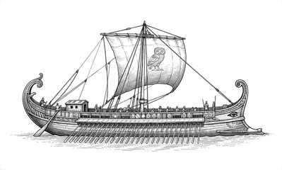 Detailed black and white ink of an ancient greek trireme warship with an owl emblem on the sail, isolated on white background © Graphic Seller