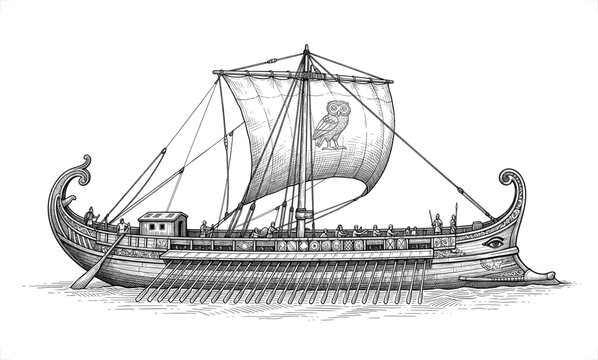 Detailed black and white ink of an ancient greek trireme warship with an owl emblem on the sail, isolated on white background