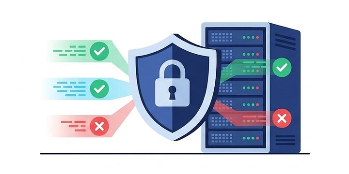 stylized data blocks or graphic interface elements. A security team graphic monitor analyzes alert signals and deploys patches to virtualized controllers. Visualizing critical defense.
