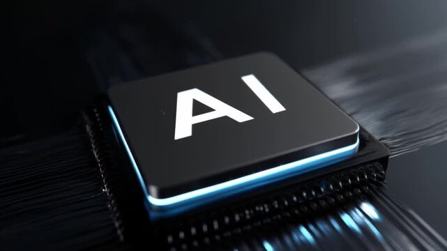 Blue light spreading from chip core glowing on black computer processor with AI technology and advanced processor core design