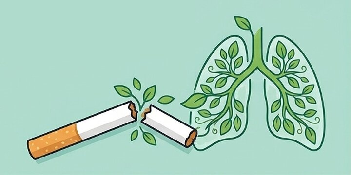 RENEWAL & HEALTHY LUNGS. A soft teal panel with top copy space showing a snapped cigarette. Fresh green leaves curl out from the break, forming clean human lungs.