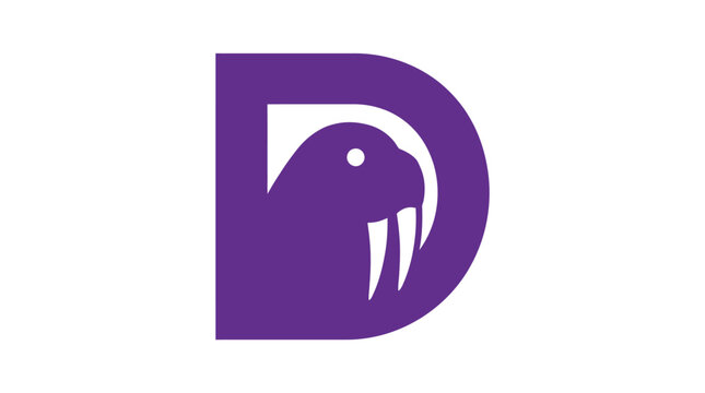 Purple letter D logo shaped like walrus head.