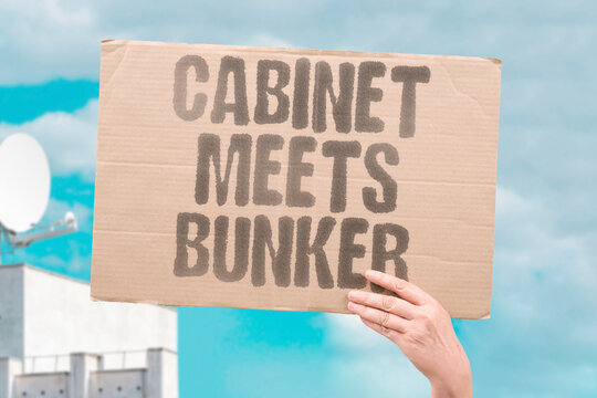 "Cabinet Meets Bunker" Illustrate executive decision-making under physical threat. EXECUTIVE. SECURITY. DECISION. LEADERSHIP. EMERGENCY.