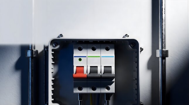 Close Up Front View Of Three Phase Miniature Circuit Breakers MCB Open Enclosure Box Mounted Near Conduit Metal Pipes
