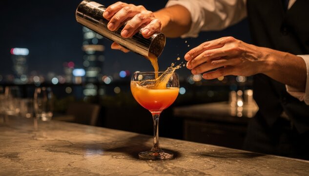 Focused view of a bartender pouring a vibrant cocktail at an elevated terrace bar with blurred city lights twinkling at night.