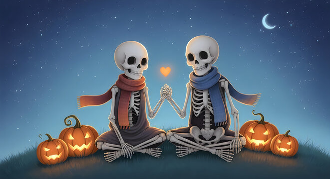 Two skeletons wearing scarves celebrating a magical hallowen night with glowing jack o lanterns