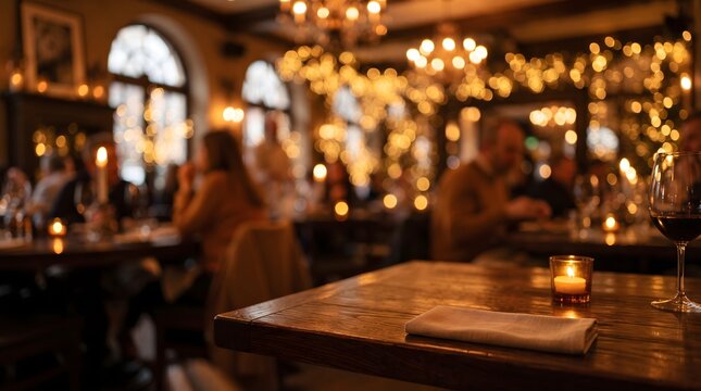 Warm and Cozy Candlelit Restaurant Atmosphere with Rustic Wooden Tables for Evening Dining
