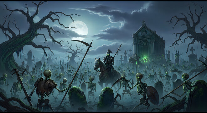 Dark fantasy army of undead skeletons marching towards a gothic castle for hallowen