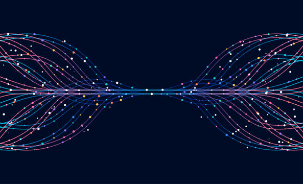 Curved multicolor lines and floating particles diverging from center on dark background, symbolizing data visualization, AI learning, and digital flow.