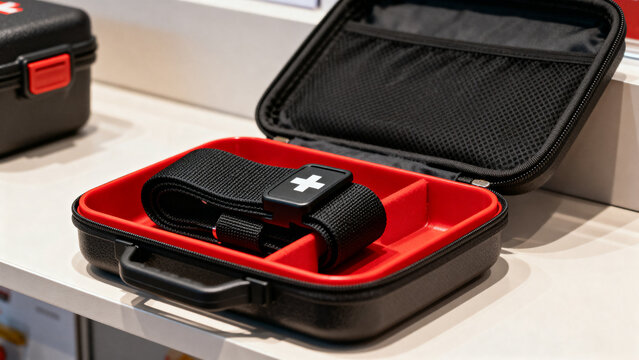 First‑aid kit with tourniquet on retail display, responsible preparedness concept