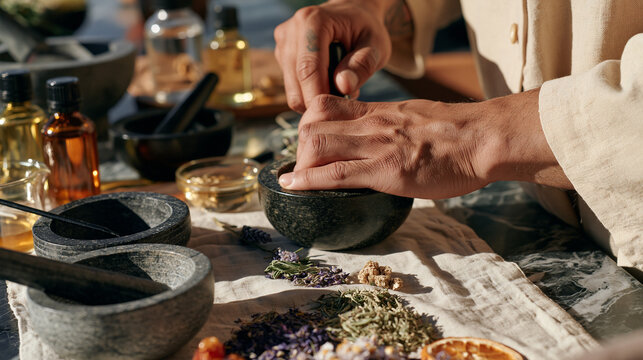Aromatherapist blending essential oils at a marble counter under harsh midday southern light pouring through a desert-facing window, sambo grapple strength repurposed into the firm controlled crushi