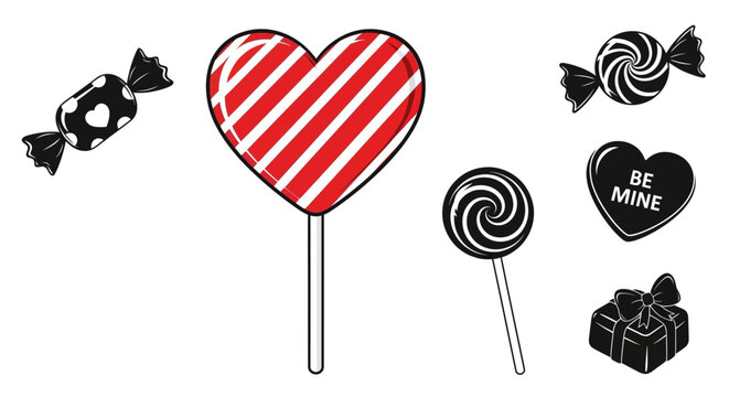 Valentine's day candy with all presented mix red including candies lollipops themed icons with collection valentine celebration romance festive