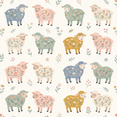 Fototapeta premium Cute Sheep Pattern: A whimsical seamless pattern featuring an array of adorable, illustratively decorated sheep in various pastel colors.