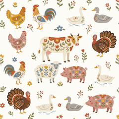 Obraz premium Folk Art Farm Animal Collection: A charming folk art illustration showcasing a variety of domestic farm animals, including chickens, roosters, ducks, geese, cows, sheep, pigs, and turkeys.
