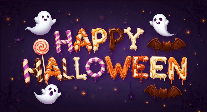 Festive happy hallowen greeting card design with cute ghosts and sweet candy lettering