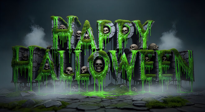 Creepy green slime text design for a spooky and dark happy hallowen celebration poster