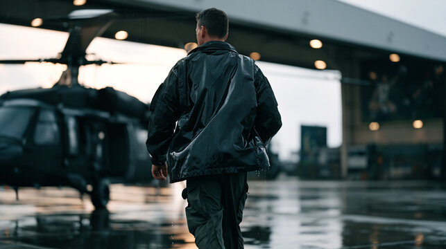 Helicopter pilot walking away from a grounded aircraft in rain-soaked tarmac during a break between medevac runs, reflective jacket dripping, puddles reflecting rotor blade silhouettes, sitting voll