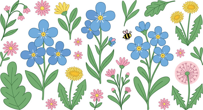 Forget me not flowers vector element set featuring wild blue blossoms yellow dandelions and pink spring meadow plants for botanical pattern design