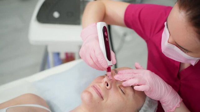 Professional beautician using an ultrasonic skin scrubber for a deep facial cleansing treatment on a client's chin in a modern beauty salon
