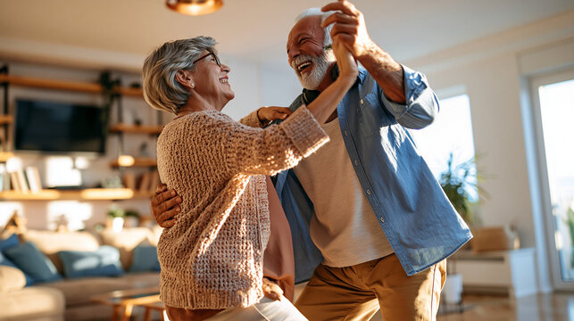 Wide interior view of a mature couple dancing gently near one side of a bright minimalist living room, large clean copy space across the opposite wall, natural relaxed posture,