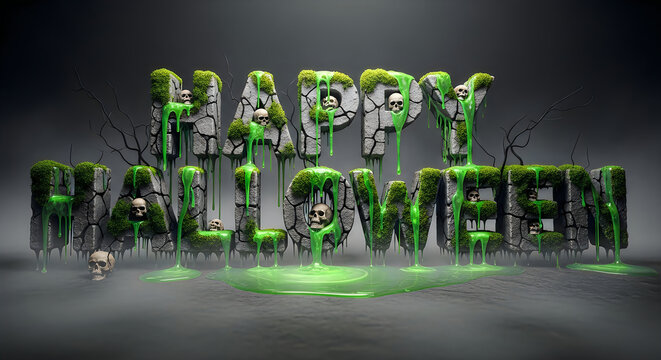 Spooky green slime text design for a happy hallowen celebration on dark background