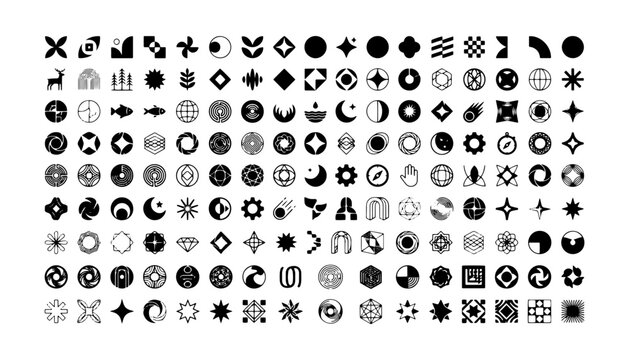 Large Set of Black and White Abstract Geometric Symbols, Brutalist Icons, and Y2K Aesthetic Graphic Design Elements