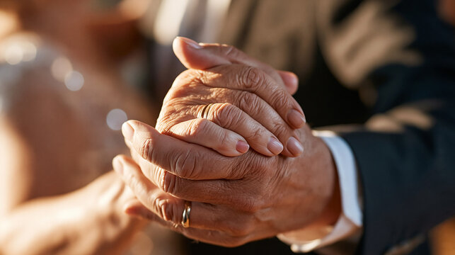 Close-up of an elderly couple&rsquo;s joined hands during a slow dance, naturally aged skin, veins, wrinkles and wedding rings, correct finger count and believable hand anatomy, soft