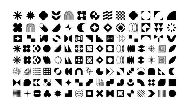 Large collection of black abstract geometric shapes and symbols in neo-brutalist style for modern graphic design