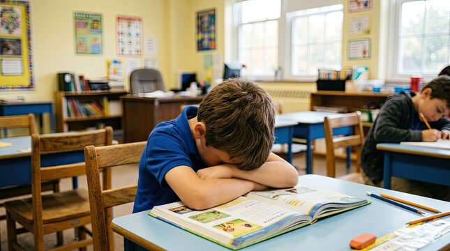 A young elementary school student rests his head on his arms while sitting at a desk inside a bright classroom during a difficult school day